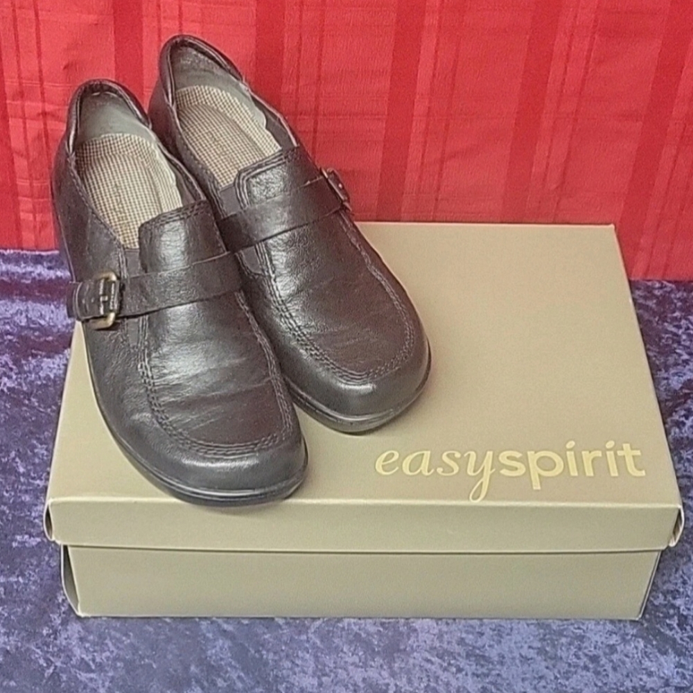 Easy Spirit Black Leather Slip On Loafer Dansforth Size 7.5 Buckle Design
